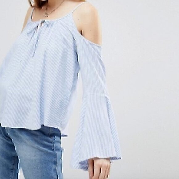 HOLLISTER Cold Shoulder Striped Blouse Blue White Long Bell Sleeve Top JUNIORS - Picture 1 of 10